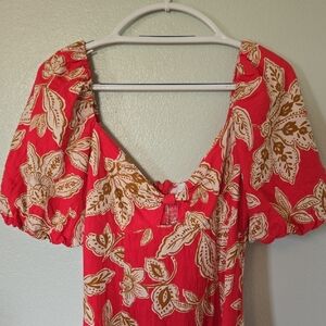 Every | Bright Pink With Brown Floral Print Linen Blend Maxi Dress Size Large